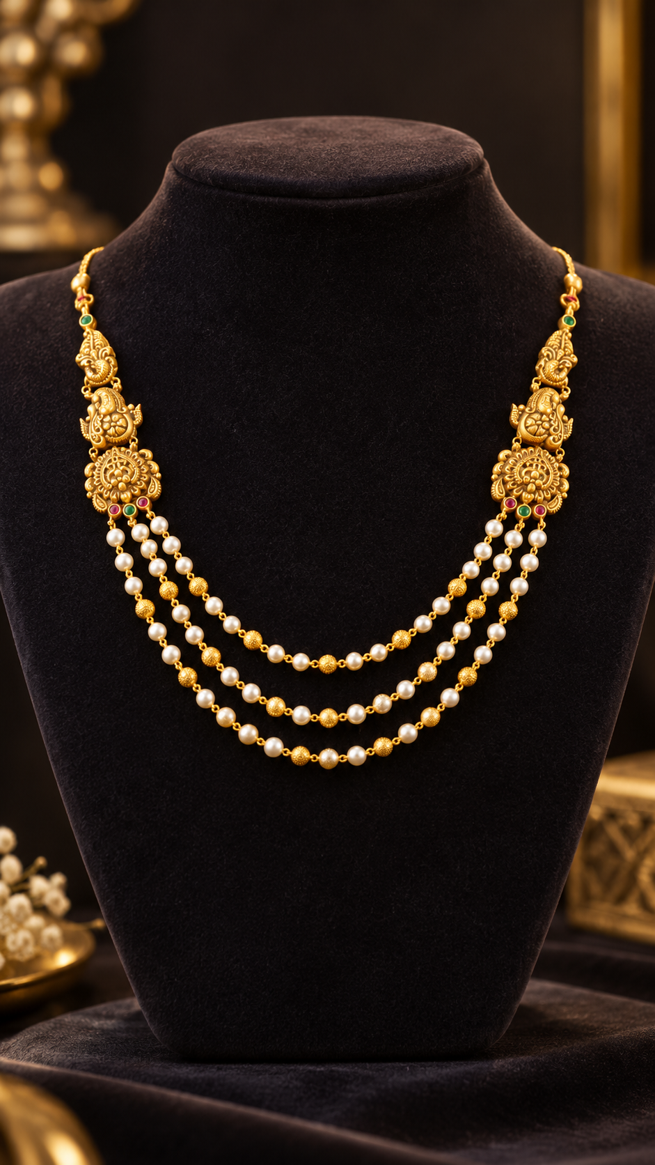 Temple Nakshi Three-Layer Pearl Gold Necklace